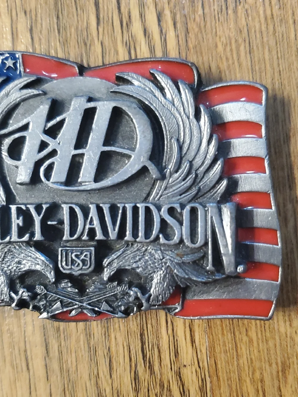 Harley-Davidson Patriotic Eagle Flag Belt Buckle 1989 Siskiyou- Red, White, Blue